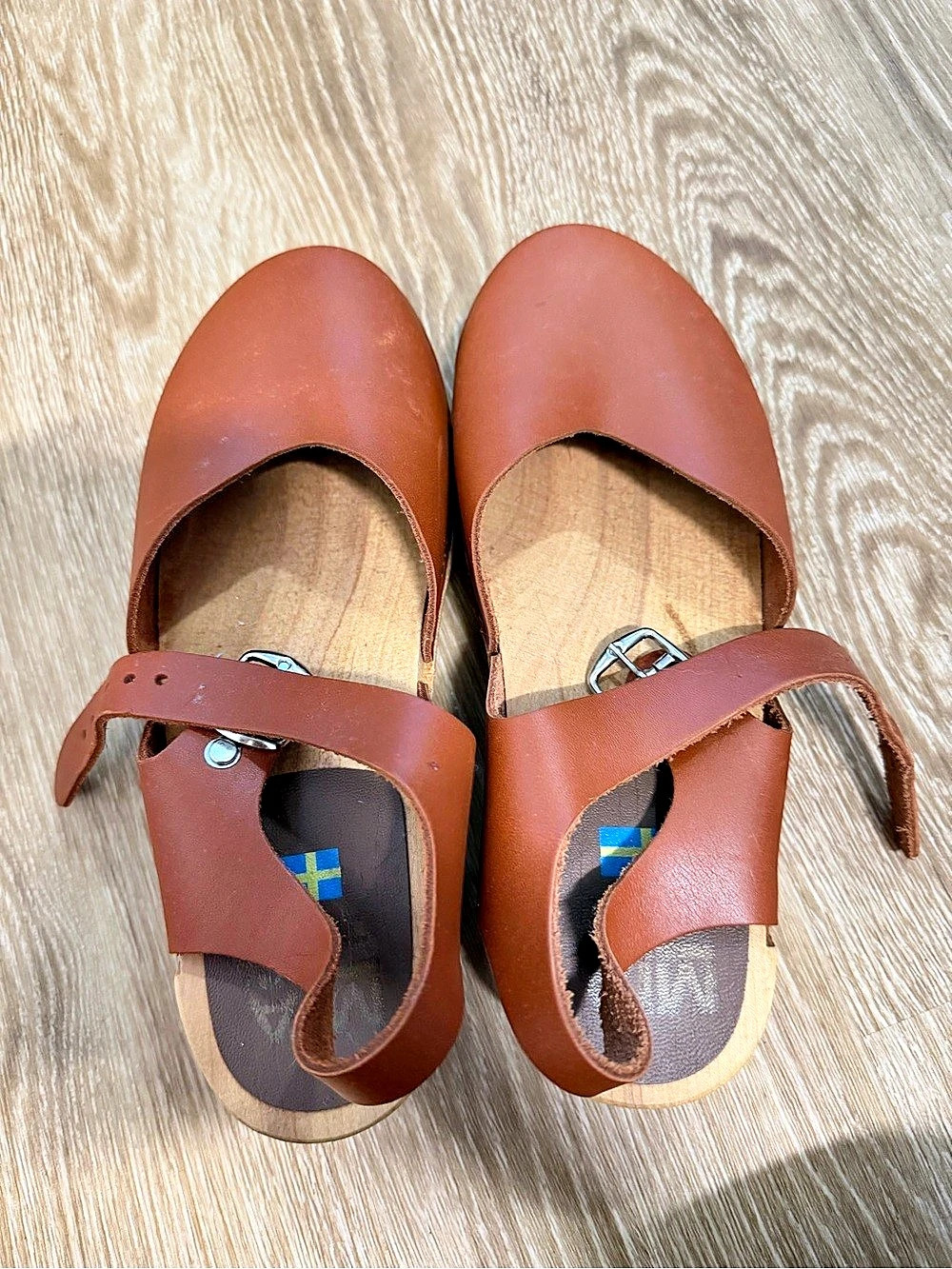 Swedish Hasbeens Brown Buckle Clogs
